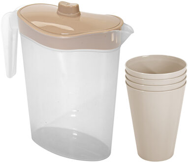 Hega hogar Waterkan/sapkan met deksel beige - 2,5 liter - kunststof - met 4x stuks kunststof glazen 430 ml