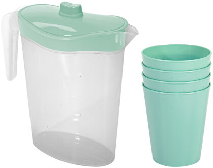 Hega hogar Waterkan/sapkan met deksel groen - 2,5 liter - kunststof - met 4x stuks kunststof glazen 300 ml