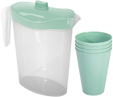 Hega hogar Waterkan/sapkan met deksel groen - 2,5 liter - kunststof - met 4x stuks kunststof glazen 430 ml
