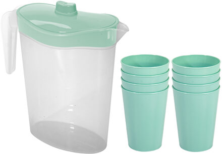 Hega hogar Waterkan/sapkan met deksel groen - 2,5 liter - kunststof - met 8x stuks kunststof glazen 300 ml