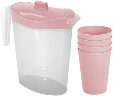 Hega hogar Waterkan/sapkan met deksel roze - 2,5 liter - kunststof - met 4x stuks kunststof glazen 300 ml