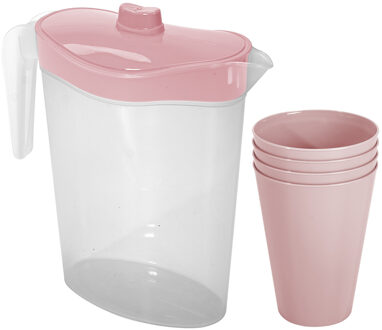 Hega hogar Waterkan/sapkan met deksel roze - 2,5 liter - kunststof - met 4x stuks kunststof glazen 430 ml
