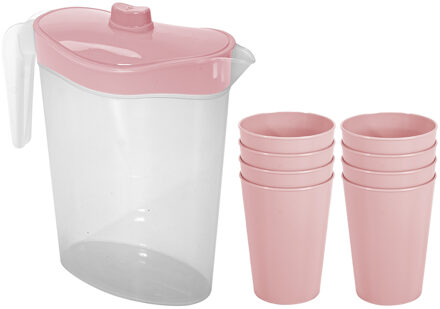 Hega hogar Waterkan/sapkan met deksel roze - 2,5 liter - kunststof - met 8x stuks kunststof glazen 300 ml