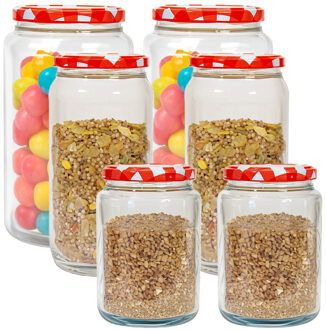 Hega hogar Weckpot/voorraadpotten set Classico - 6x stuks - 500/950/1500 ml - kunststof - draaideksel - rood