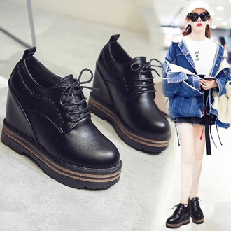 Heighten Women's Shoes 10cm Thick Bottom Plus Velvet 2020 New Wild Ultra-high Heel Lace-up Wedge Shoes Black Leather Shoes