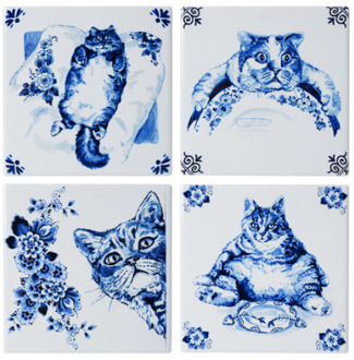 Heinen delfts blauw onderzetters luie kat set van 4