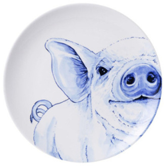 Heinen Delfts Blauw wandbord Varken 20 cm Wit-Blauw