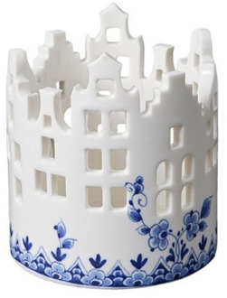 Heinen Delfts Blauw waxinelichthouder Huisje middel Wit-Blauw