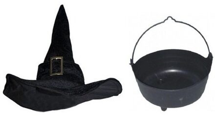 Heksen accessoires set fluwelen hoed met ketel 37 cm voor dames