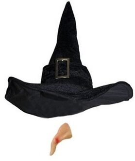 Heksen accessoires set - fluwelen hoed - met neus - voor dames Zwart