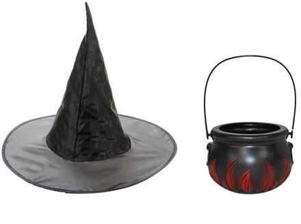 Heksen accessoires set hoed met ketel 15 cm voor meisjes