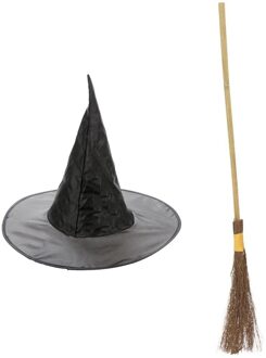 Heksen verkleed accessoires set - hoed met bezem - 100 cm - voor kinderen Zwart