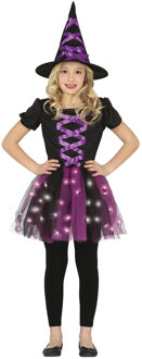 Heksen verkleed kostuum met LED verlichting - zwart/paars - voor meisjes - Halloween 5-6 jaar (110-116)