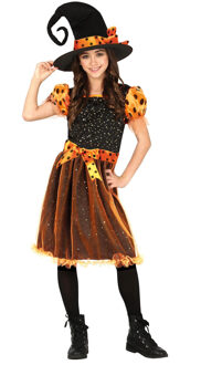 Heksen verkleed kostuum - zwart/oranje - voor meisjes - Halloween 10-12 jaar (140-152)