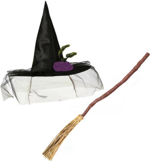 Heksen verkleed set dames heksenhoed met bezem