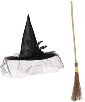 Heksen verkleed set dames heksenhoed met bezem