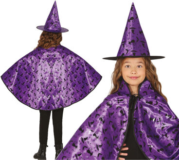 Heksen verkleed setje voor kinderen - hoed en cape - paars - Halloween One size