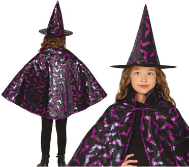 Heksen verkleed setje voor kinderen - hoed en cape - zwart/paars - Halloween/carnaval verkleed acces - One size