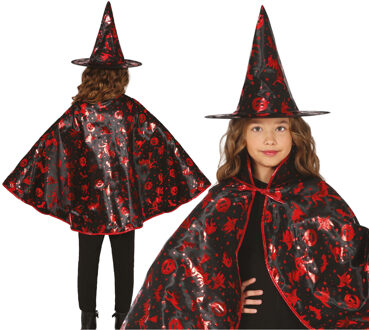 Heksen verkleed setje voor kinderen - hoed en cape - zwart/rood - Halloween/carnaval verkleed access - One size