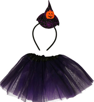 Heksen verkleed setje voor kinderen - rokje/diadeem - paars - Halloween/carnaval verkleed accessoire - One size