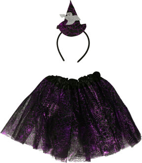 Heksen verkleed setje voor kinderen - rokje/diadeem - zwart - Halloween/carnaval verkleed accessoire