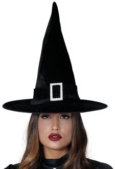 Heksenhoed zwart fluweel voor dames - Horror/halloween verkleed accessoire - Tovenaarshoeden