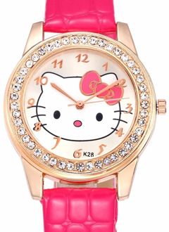 Hello Kitty Cartoon Watches Women Kids Luxury Rose Gold Diamond Quartz Wrist Watches Kids Casual Leather Sport Watch Gifrs Gifts