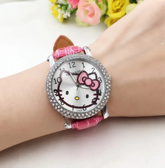 Hello Kitty Cat Casual Girl Watch Kids Cute Leather Strap Crystal Rhinestone Watches Lovely Kid Children Quartz Wristwatch