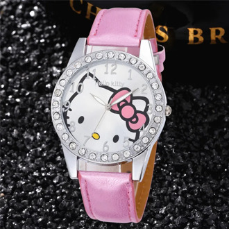 Hello Kitty Kids Watch Children Girls Women Leather Crystal Quartz Watch Kids Wristwatches Clock Relogio