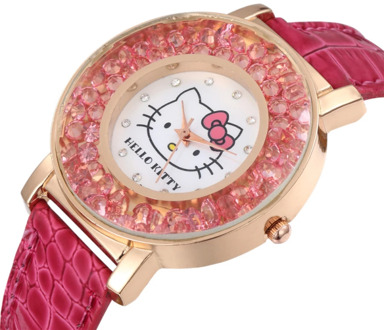 Hello Kitty Women Kids Watch Cute Pattern Pink Rhinestones Cartoon Children Watch High Quality Leather Quartz Clock Girls Gift