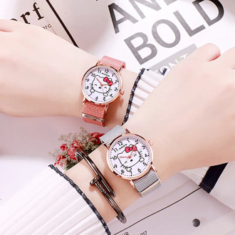 Hello Kitty Women Kids Watches Fashion Nylon Strap Cute Cartoon Quartz Wristwatch Gifts Girls Clock Zegarek Dla Dzieci