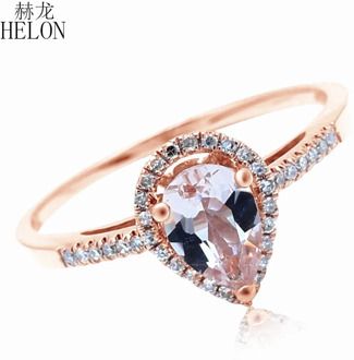 HELON 5x7mm Pear Morganite Pave Natural Diamonds Ring Solid 10K Rose Gold Engagement Wedding Gemstone Diamonds Fine Jewelry Ring