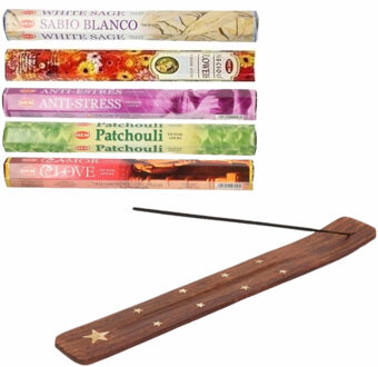 HEM Wierrook geuren pakket van 5x verschillende geuren met een brander plankje - Wierookstokjes