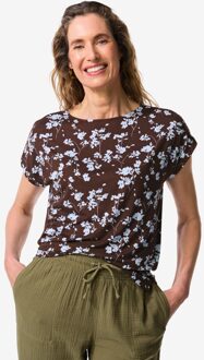 Hema Dames T-shirt Amelie jersey bloemen donkerbruin (donkerbruin) - L
