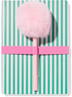 Hema Notitieboekje groen-roze gestreept + roze pen