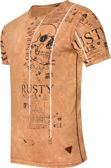 Henley T-shirt met knoopstreep en prints aan de voorkant Camel - S