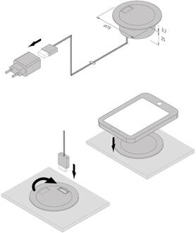 Hera Laadstekker, rond, zwart, Qi en 1x USB