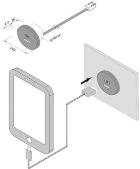 Hera USB-A wandcontactdoos + USB-C, staal, meubelinbouw, 24V ingang 20W roestvrij staal