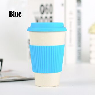Herbruikbare Bamboe Fibre Koffie Thee Cup Mok Tarwe Stro Reizen Cup Met Siliconen Cup Deksel Blauw