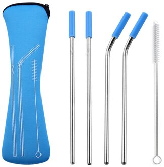 Herbruikbare Huishoudelijke Stro Kit Rvs Stro Set Draagbare Stro Siliconen Cover Huishoudelijke Stro Met Reinigingsborstel QL