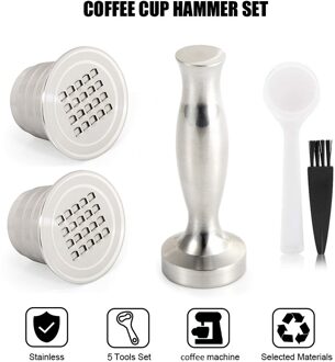 Herbruikbare Koffie Capsules Cup Roestvrij Staal Koffie Filters 2 Hervulbare Pod Met 1 Hamer Lepel Borstel Voor Nespresso Machine 2 pods