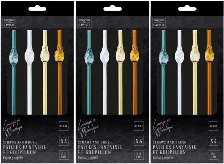 Herbruikbare rietjes Ananas - 12x stuks - glas - met borsteltje - 20 cm