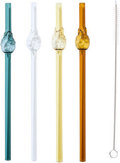 Herbruikbare rietjes Ananas - 4x stuks - glas - met borsteltje - 20 cm Multi