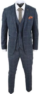 Heren 3-delig blauw tweed geruit vintage pak