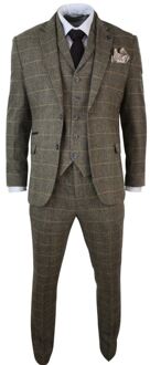 Heren 3-delig bruinbruin geruit tweed visgraat vintage klassiek pak