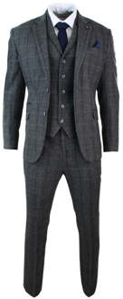 Heren 3-delig houtskoolgrijs geruit tweed visgraat vintage klassiek pak