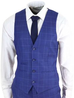 Heren 3-delig koningsblauw geruit vintage retro pak