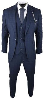 Heren 3-delig marineblauw geruit tweed retro klassiek pak Navy