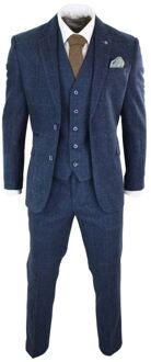 Heren 3-delig marineblauw tweed visgraat vintage klassiek pak Houtskool