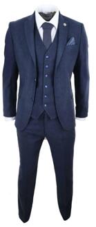 Heren 3-delig marineblauw wollen tweed vintage retro pak Navy - 40 (Borst)